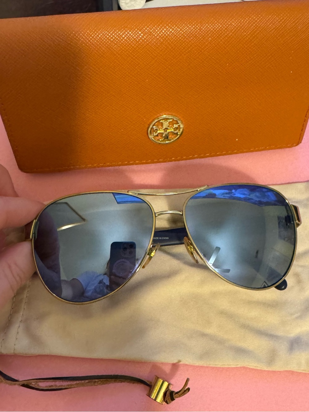 Tory Burch Gold Aviator Sunglasses with Blue Mirrored Lenses